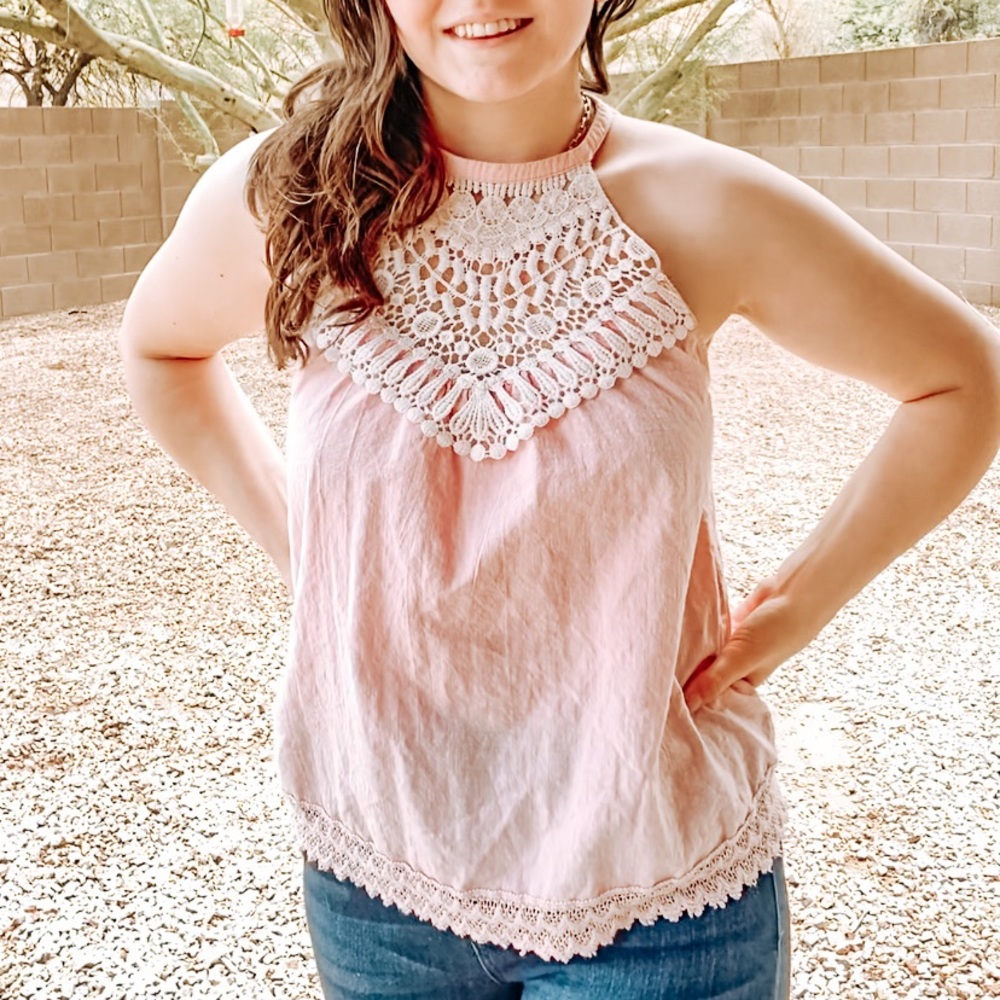 Pink tank top with lace detailing